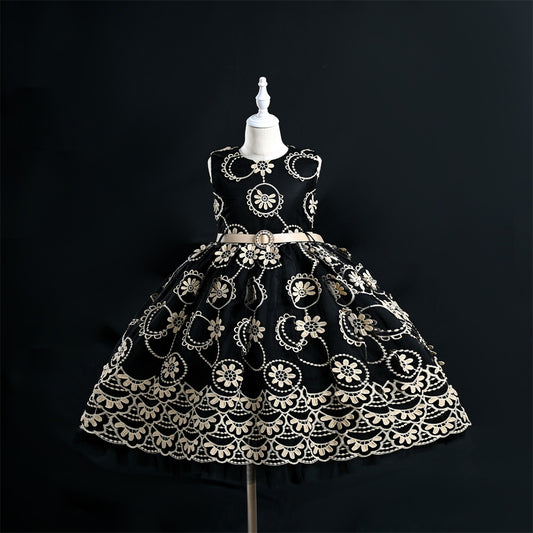 Robe Noire de Luxe avec Broderies Florales et Ceinture à Boucle